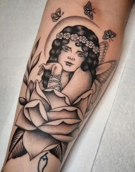 Black and Grey Rose and Fairy with Butterflies Forearm Tattoo