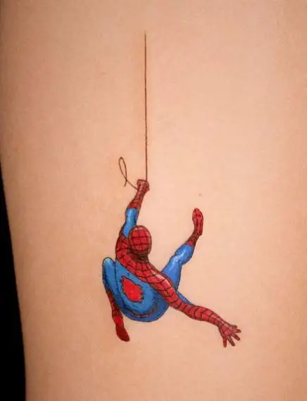 Colorful Minimalistic Swinging Spiderman Biceps Tattoo