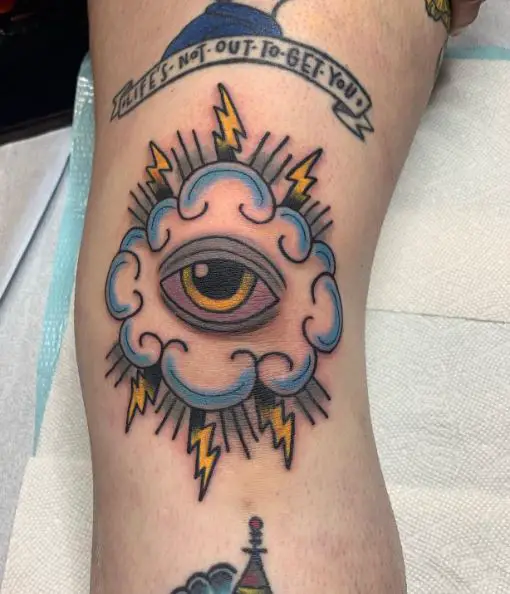 All Seeing Eye with Cloud and Thunders Leg Tattoo