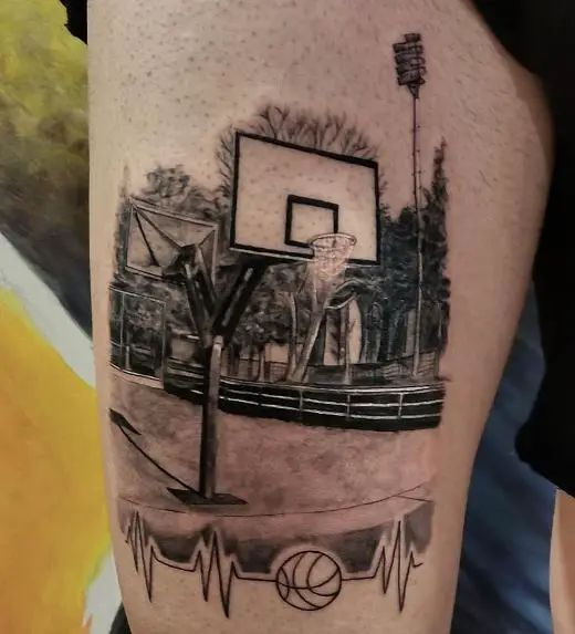 ECG and Basketball Court Thigh Tattoo