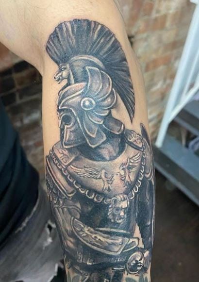 Roman Warrior with Armor and Helmet Forearm Tattoo