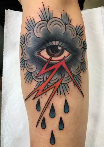 All Seeing Eye in Cloud with Thunder and Drops Arm Tattoo