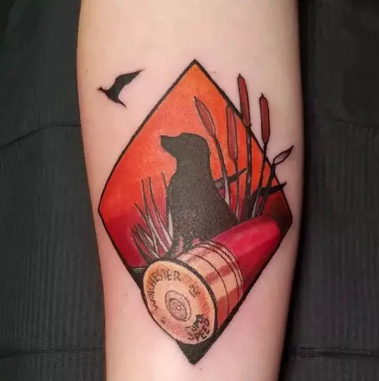 Duck and Hunting Dog with Shotgun Shell Forearm Tattoo