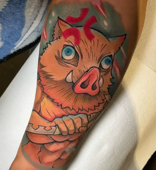 Colorful Inusoke Demon Slayer with Sword Leg Tattoo