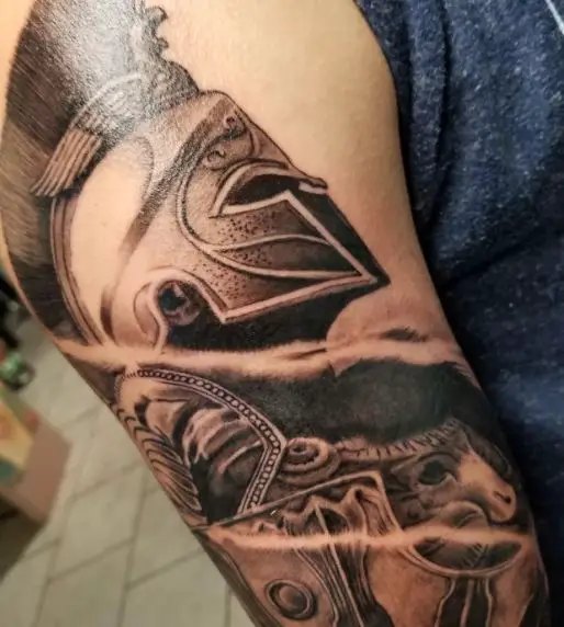 Roman Warrior with Armor and Helmet Arm Sleeve Tattoo