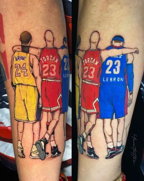 Colorful Jordan Kobe and Lebron Arm Tattoo