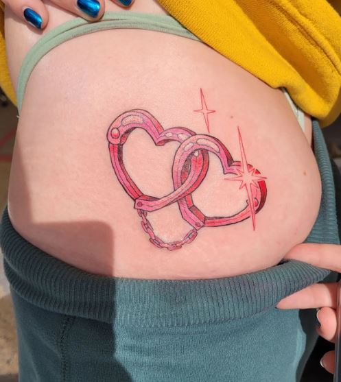 Red Heart Handcuffs Butt Tattoo