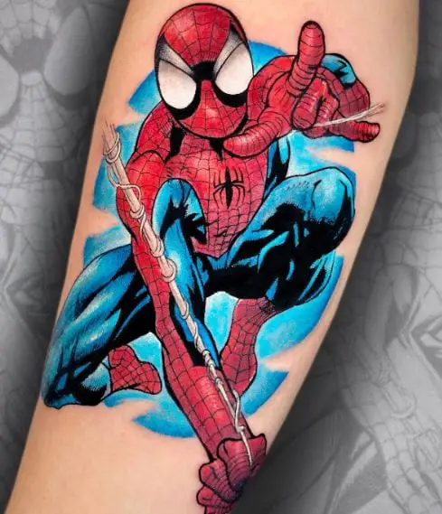 Colorful Swinging Spiderman Arm Tattoo