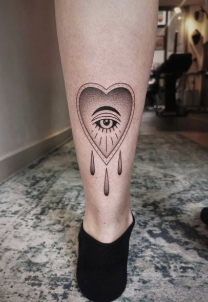 All Seeing Eye with Crying Heart Calf Tattoo