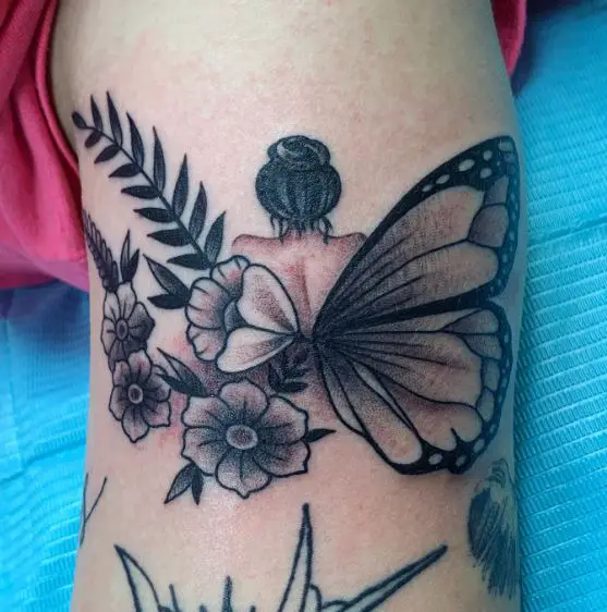 Black and Grey Flowers and Fairy Biceps Tattoo