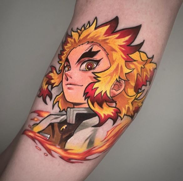 Colorful Fire Flame and Kyojuro Rengoku Arm Tattoo
