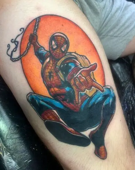 Swinging Spiderman with Backpack Arm Tattoo