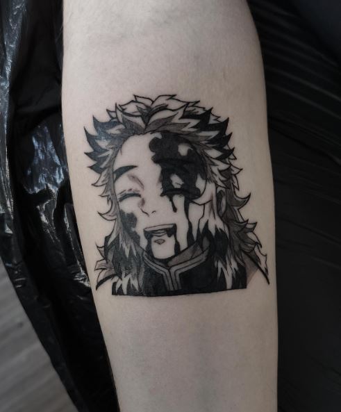 Black and Grey Kyojuro Rengoku Forearm Tattoo