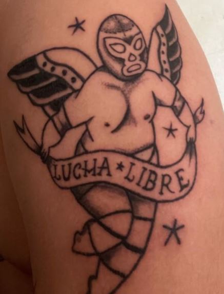 Black and Grey Lucha Libre Wrestler Arm Tattoo