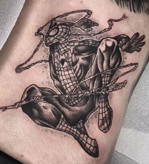 Black and Grey Swinging Spiderman Neck Tattoo