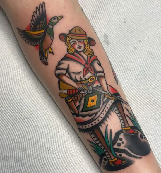 Colorful Cowgirl Duck Hunting Forearm Tattoo