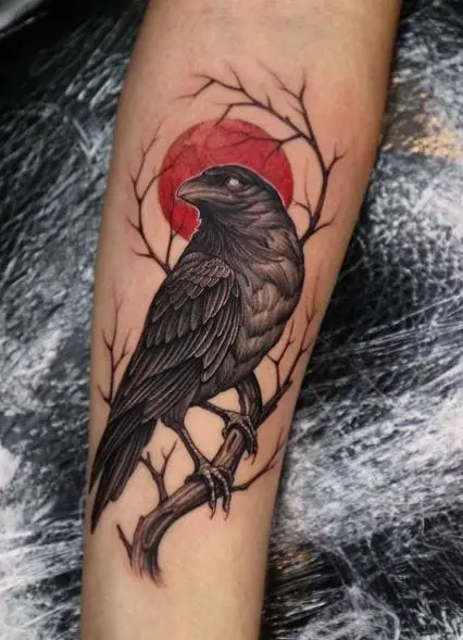 Realistic Branch and Black Raven Forearm Tattoo
