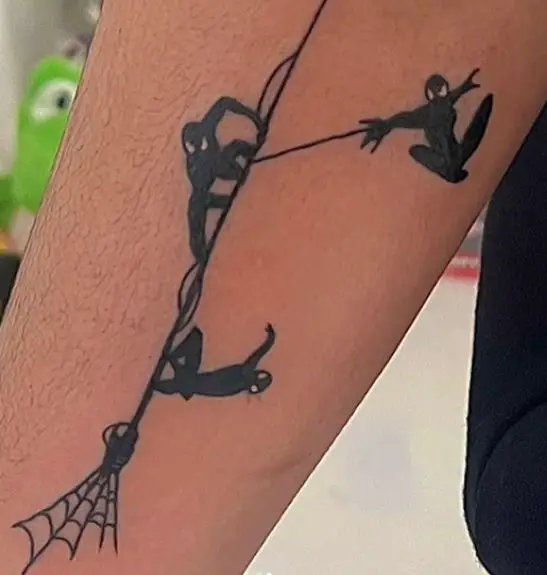 Spider Web and Three Swinging Spider-Men Forearm Tattoo