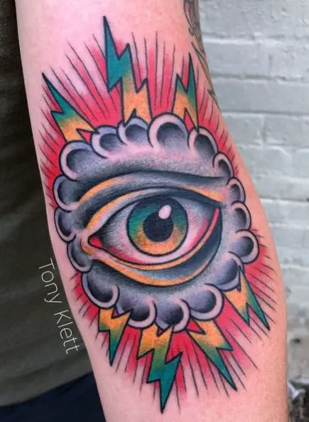 All Seeing Eye in Cloud with Thunders Arm Tattoo