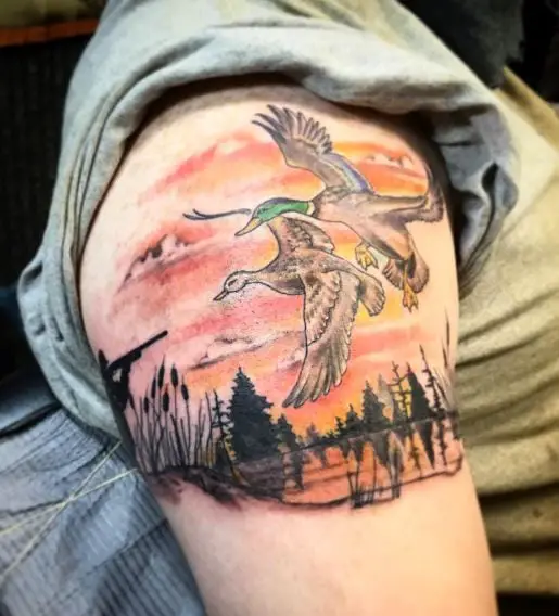 Lake Landscape and Duck Hunting Shoulder Tattoo