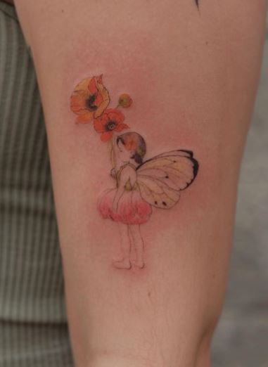 Colored Flowers and Fairy Biceps Tattoo