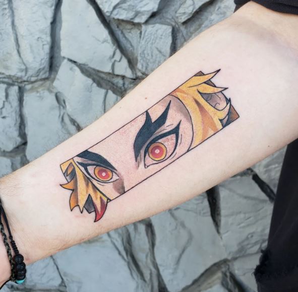 Colorful Kyojuro Rengoku Eyes Forearm Tattoo