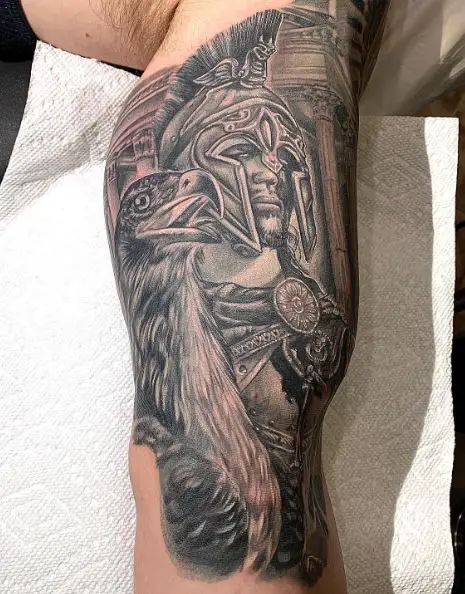 Falcon and Roman Warrior Arm Tattoo