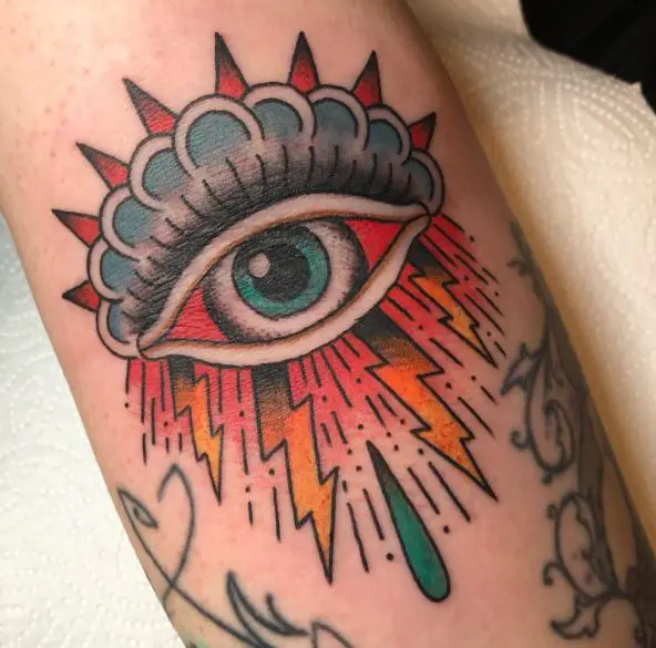 All Seeing Eye in Cloud with Thunders Arm Tattoo