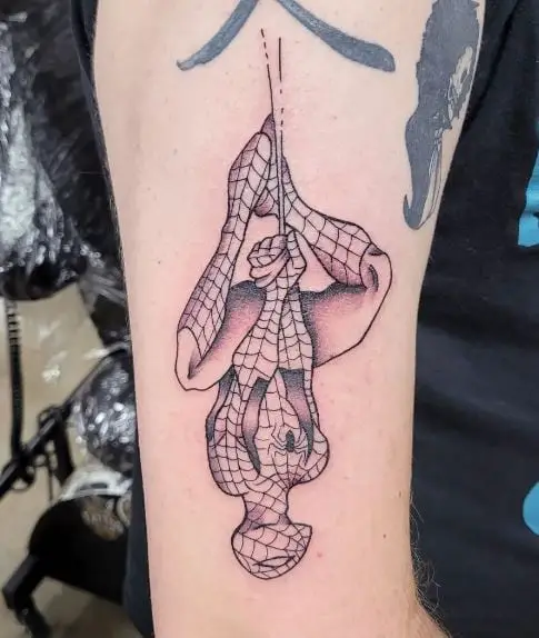 Hanging Upside Down Spiderman Arm Tattoo