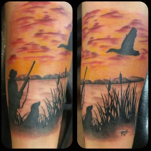Pond and Duck Hunting Forearm Tattoo