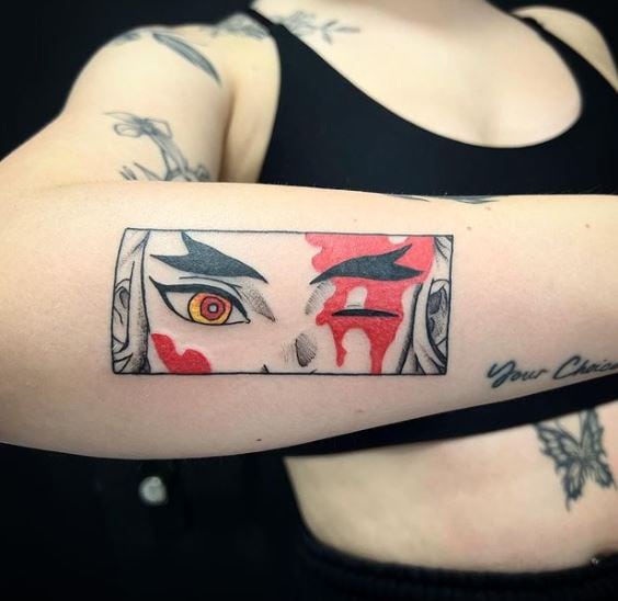 Black and Red Kyojuro Rengoku Eyes Forearm Tattoo