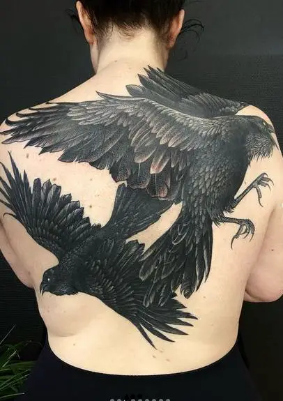 Realistic Two Black Ravens Back Tattoo