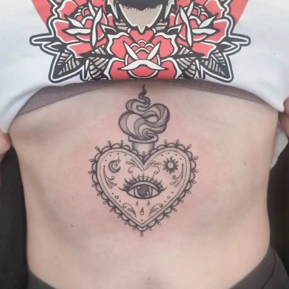 Sacred Heart and All Seeing Eye Stomach Tattoo