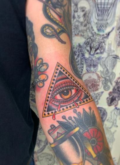 Colorful Traditional All Seeing Eye with Red Tears Arm Tattoo