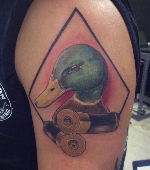 Colorful Duck and Shotgun Shells Shoulder Tattoo