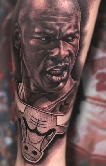 Bulls Logo and Michael Jordan Leg Tattoo