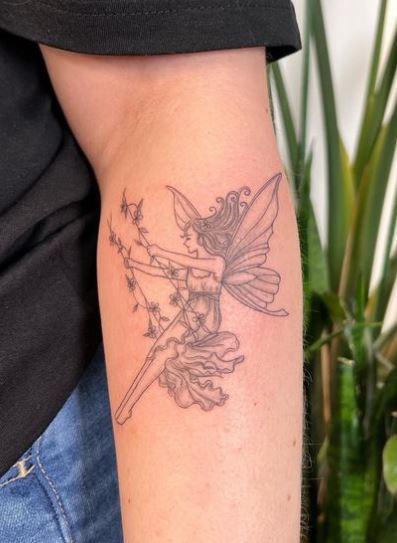 Grey Flower Swing and Fairy Forearm Tattoo