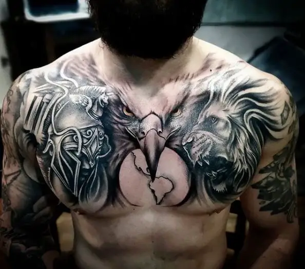 Gladiator with Eagle and Lion Chest Tattoo