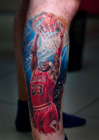 Colorful Michael Jordan Dunk Leg Tattoo