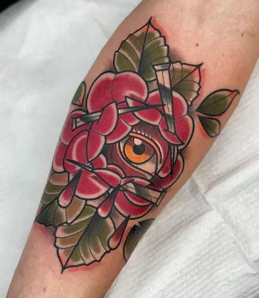 Red Rose and All Seeing Eye Arm Tattoo