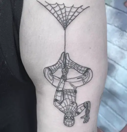 Spider Web and Hanging Upside Down Spiderman Biceps Tattoo