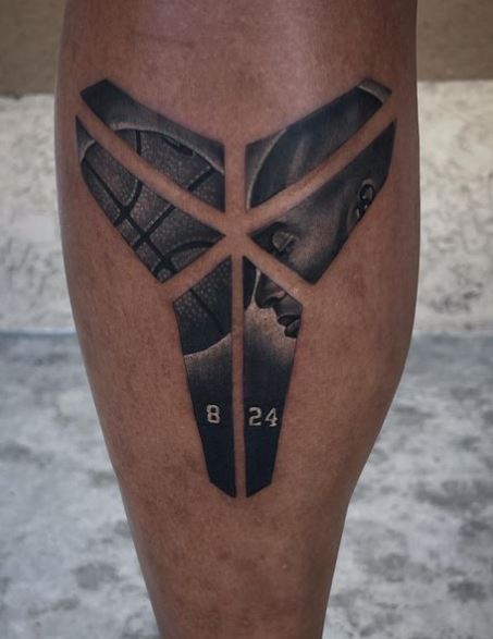 Black and Grey Kobe Bryant with Basketball Leg Tattoo