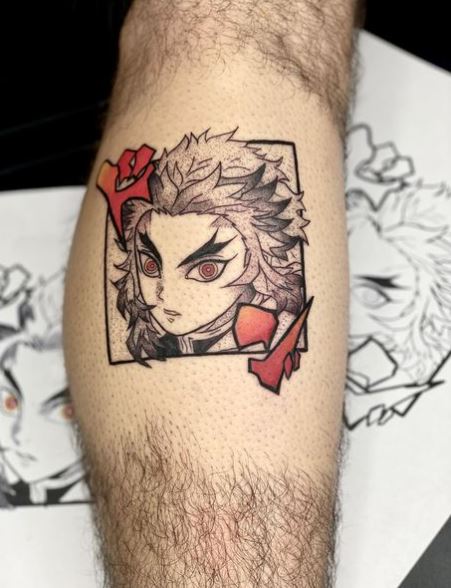 Black and Grey Kyojuro Rengoku with Red Eyes Forearm Tattoo
