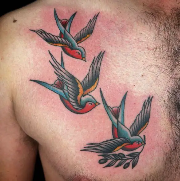 Colorful Three Sparrows Chest Tattoo