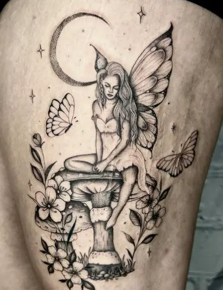 Mushrooms and Fairy with Butterflies and Crescent Thigh Tattoo