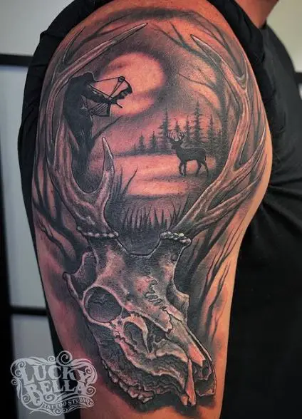Deer Hunting with Bow and Arrow Arm Tattoo