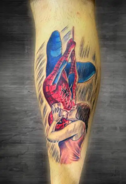 Mary Jane Kissing Upside Down Spiderman Leg Tattoo