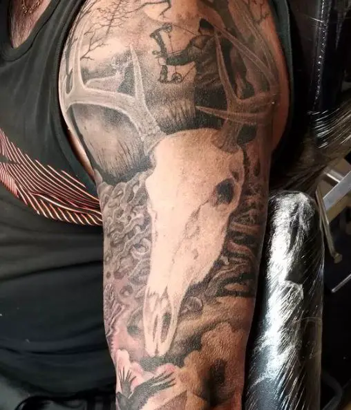 Deer Skull, and Hunter with Hunting Bow Arm Tattoo