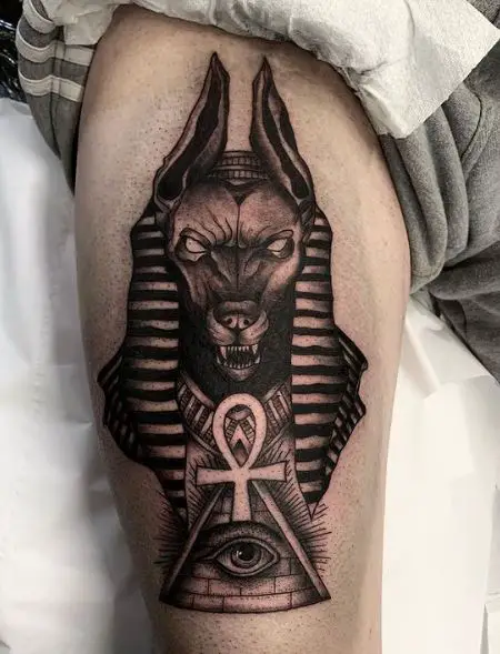 All Seeing Eye with Ankh and Anubis Leg Tattoo