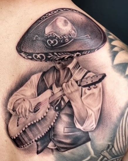 Black and Grey Mariachi with Guitar Back Tattoo